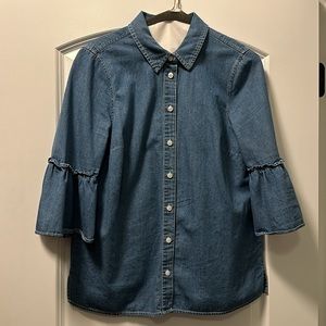 Draper James Blue Chambray Bell Sleeve Button Up Collared Coastal